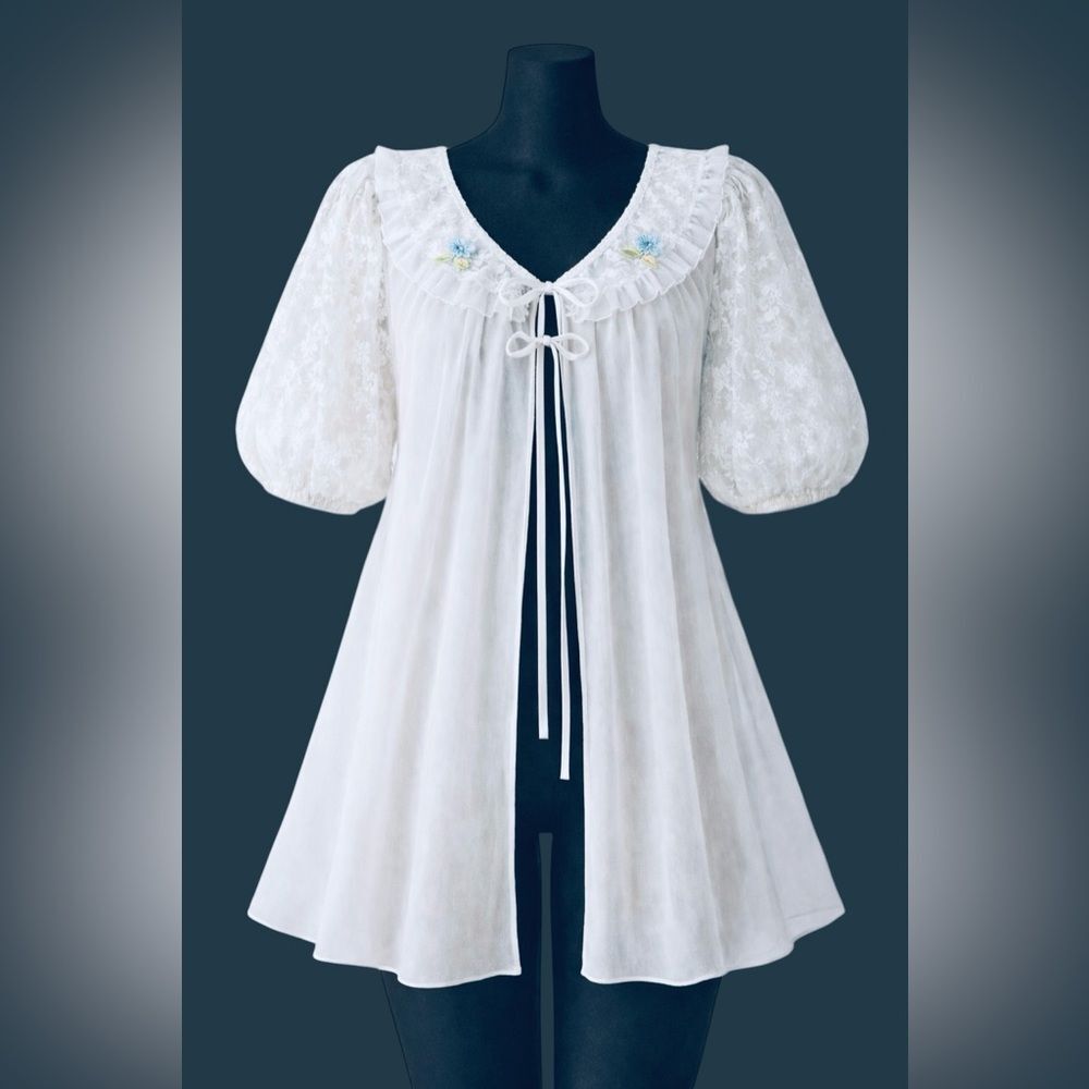 Vintage 80s 90s CMT Intimates Sheer White Chiffon Lace Robe Babydoll USA